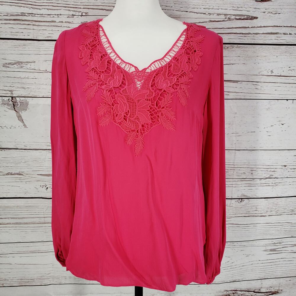 Elie Tahari Pink Silk Embroidered Bib Detail  Sleeve Top Size Small